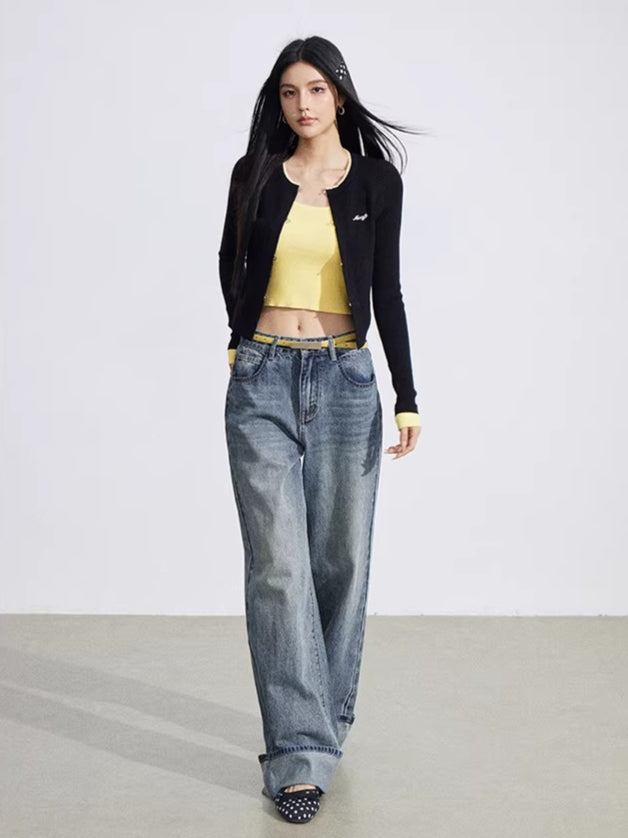 Vintage Wash Embroidered Wide-Leg Jeans