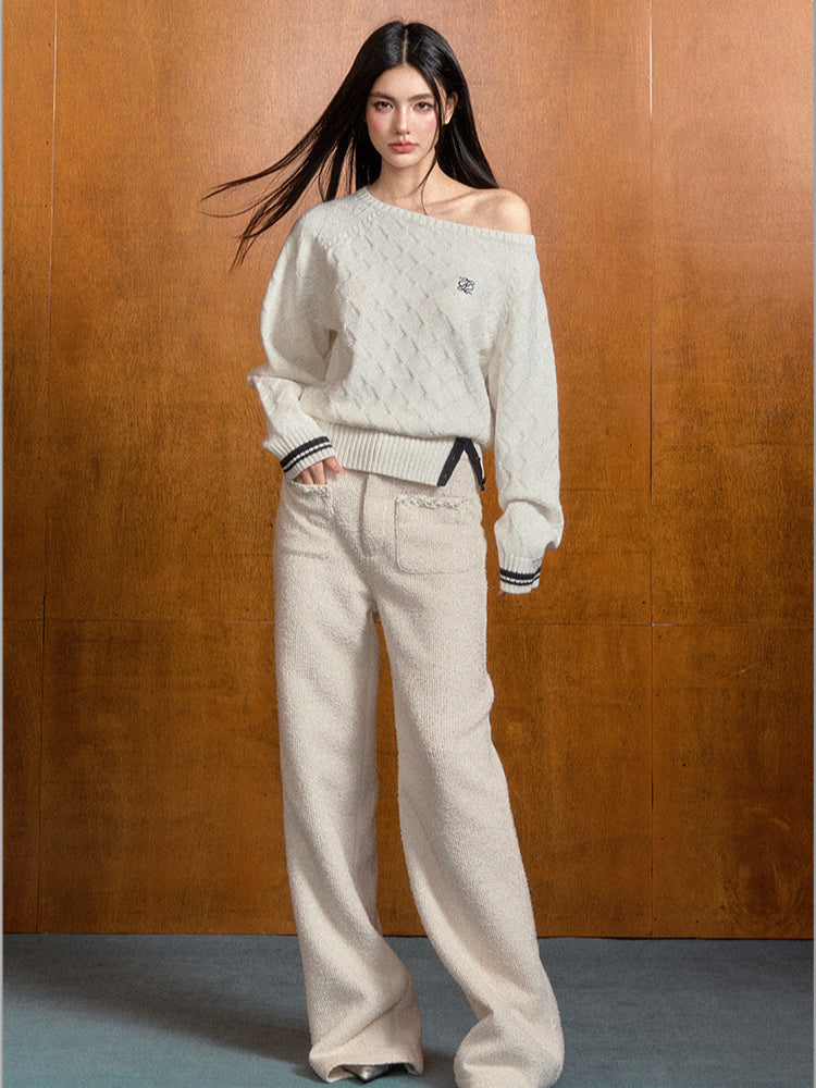 Off-Shoulder Asymmetrical Diamond Knit Sweater & Shawl Set - CHINASQUAD