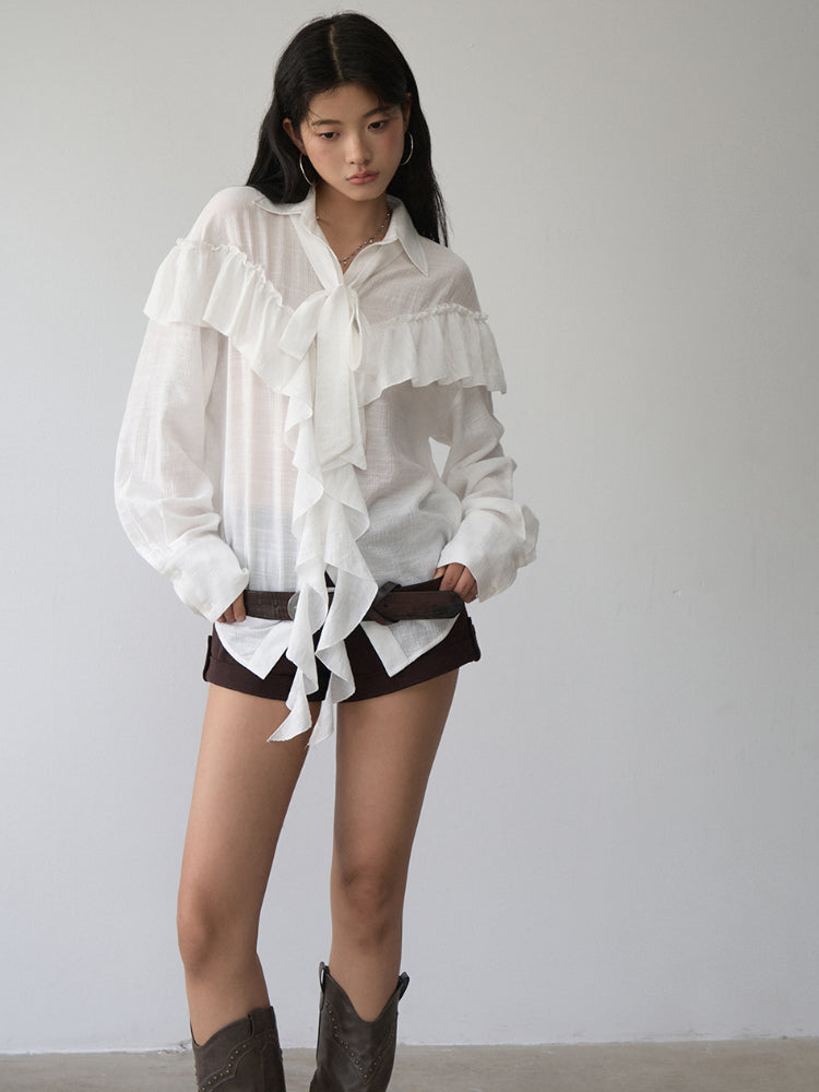 White Ruffled Drawstring Long-Sleeve Shirt - CHINASQUAD