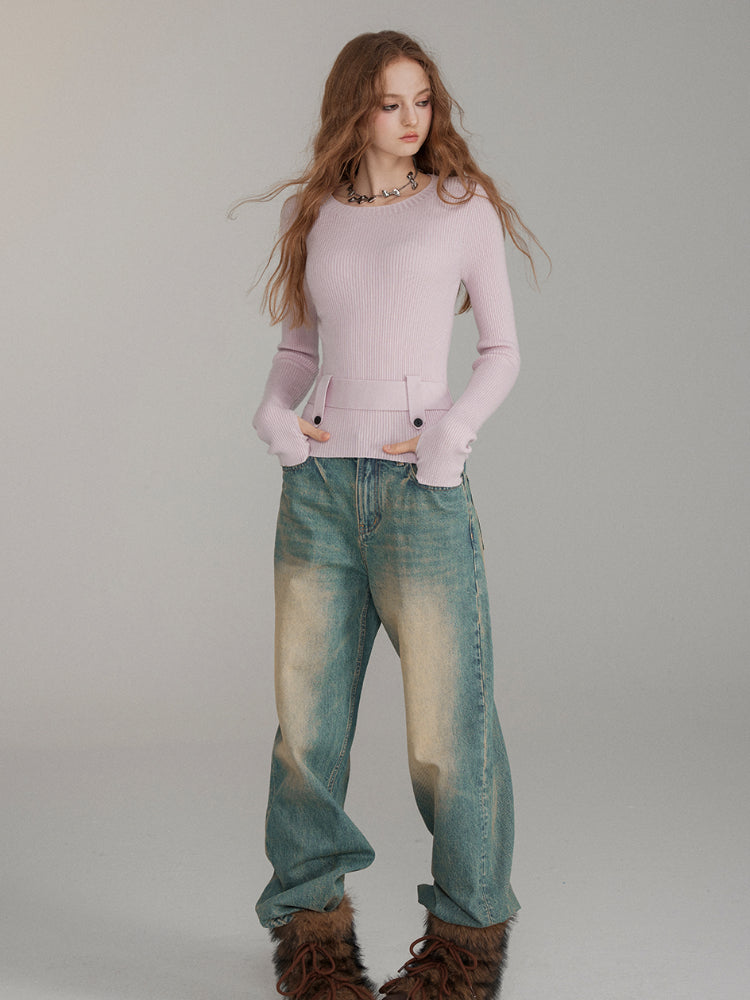 Waist-Cinched Wool Blend Crewneck - CHINASQUAD