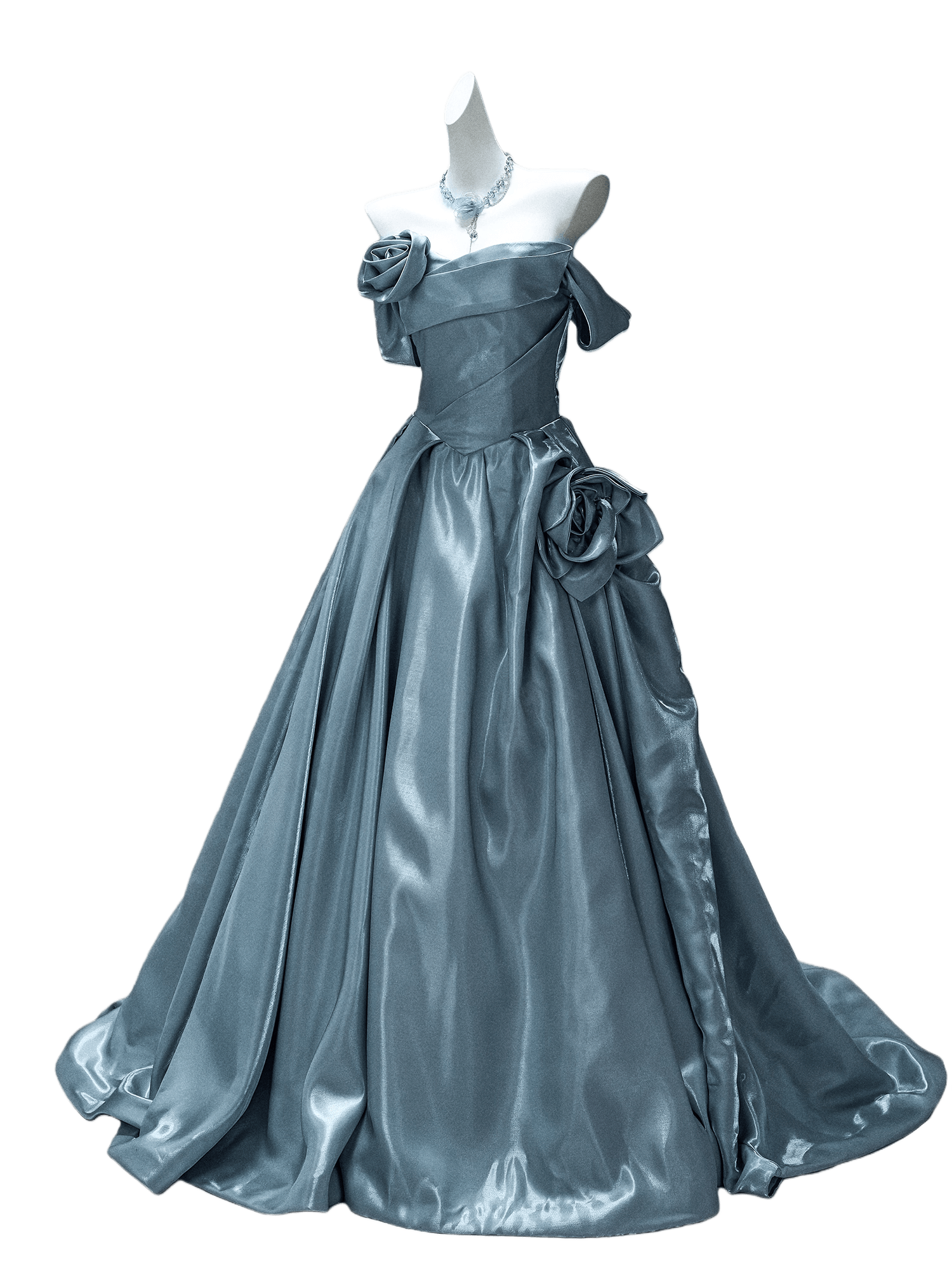 Satin Off-Shoulder Gown with Sculpted Roses