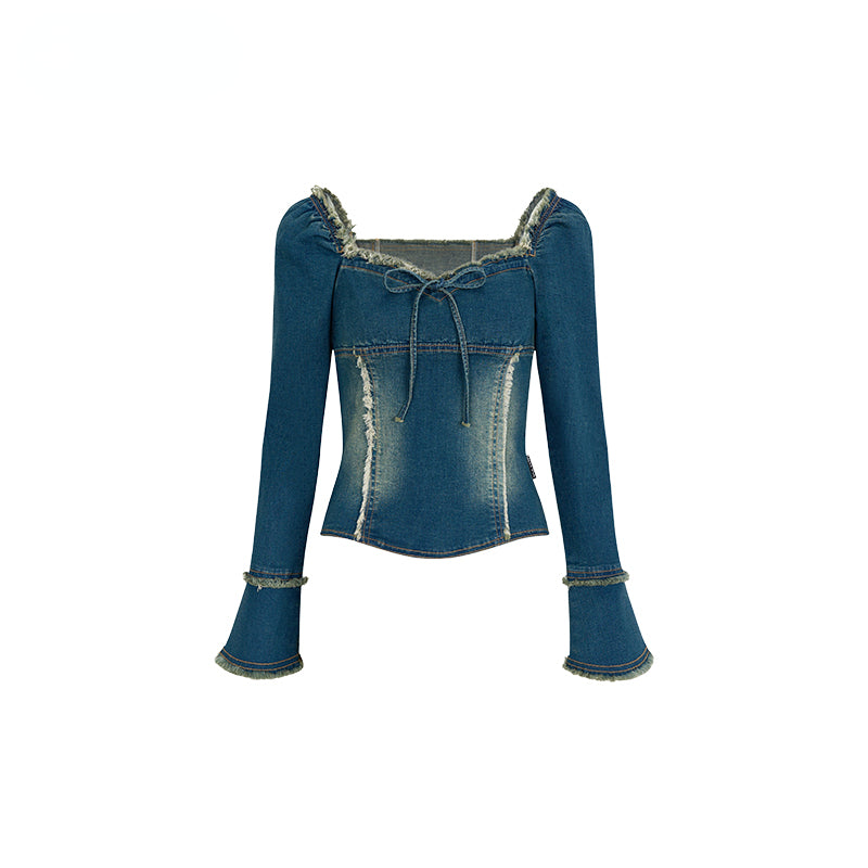 Denim Blue Frayed Edge Off-Shoulder Top - CHINASQUAD