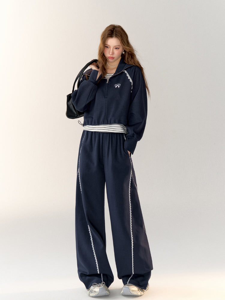 Lace-Trimmed Adjustable Cuffed Straight Leg Sweatpants - CHINASQUAD