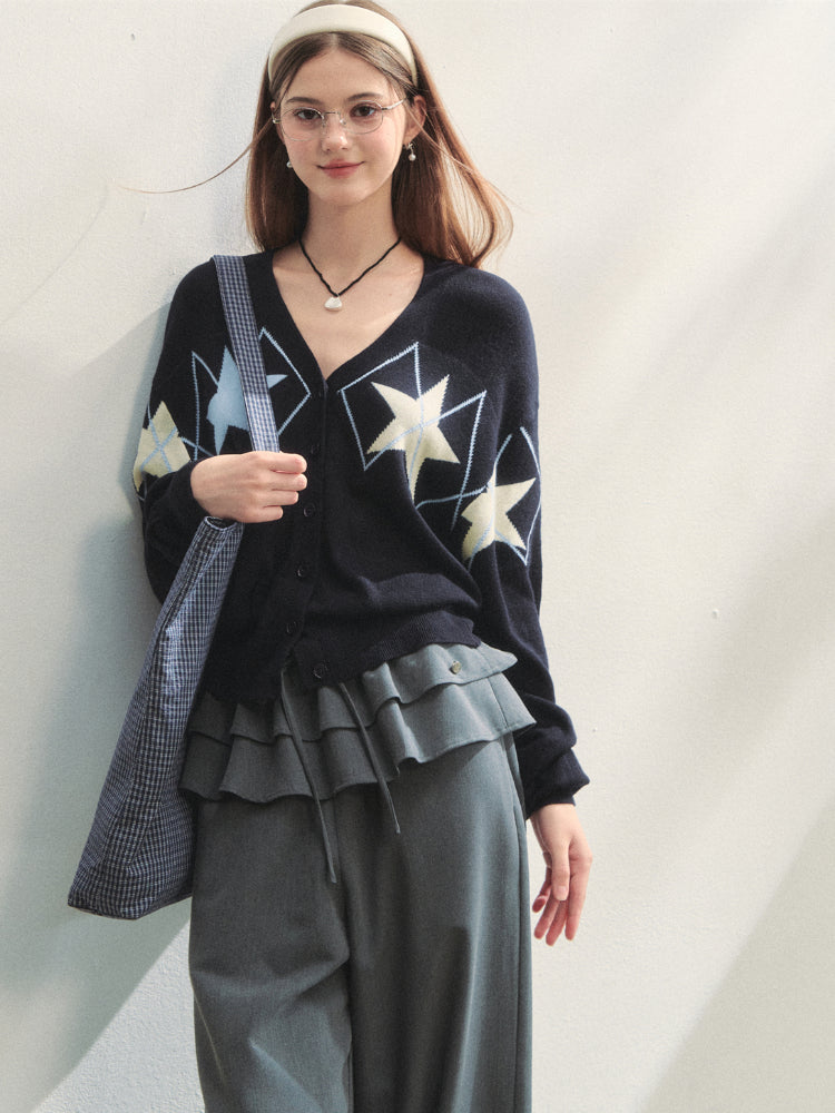 Single-breasted Star Argyle Knit Cardigan - CHINASQUAD