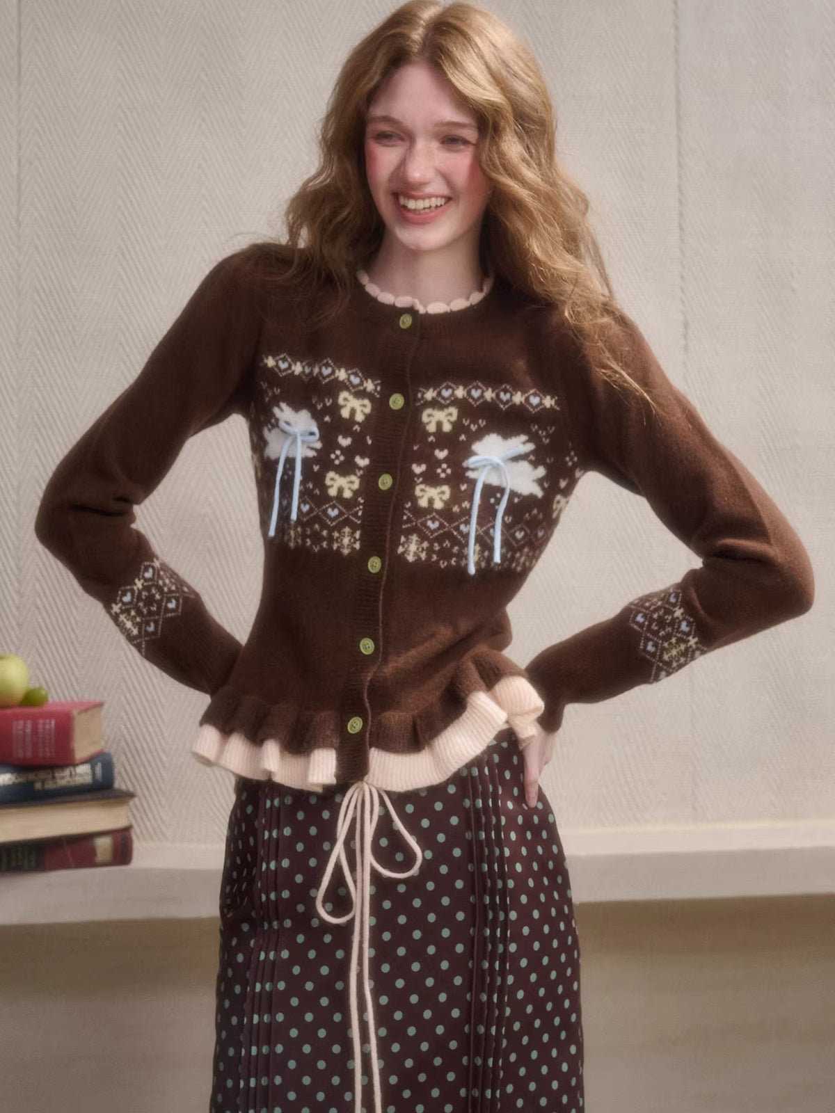 Fair Isle Knit Cardigan & Polka Dot Skirt Set