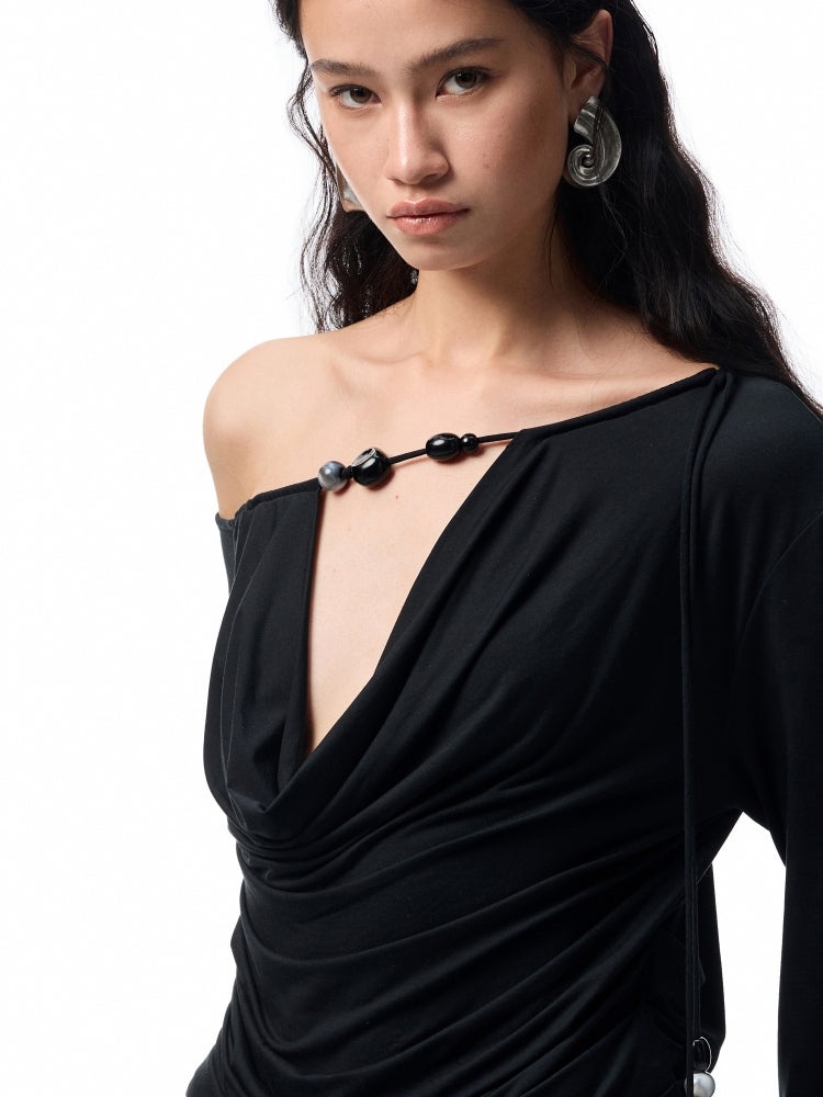 Beaded Cowl Neck Off-shoulder Long-sleeve Tunic - CHINASQUAD