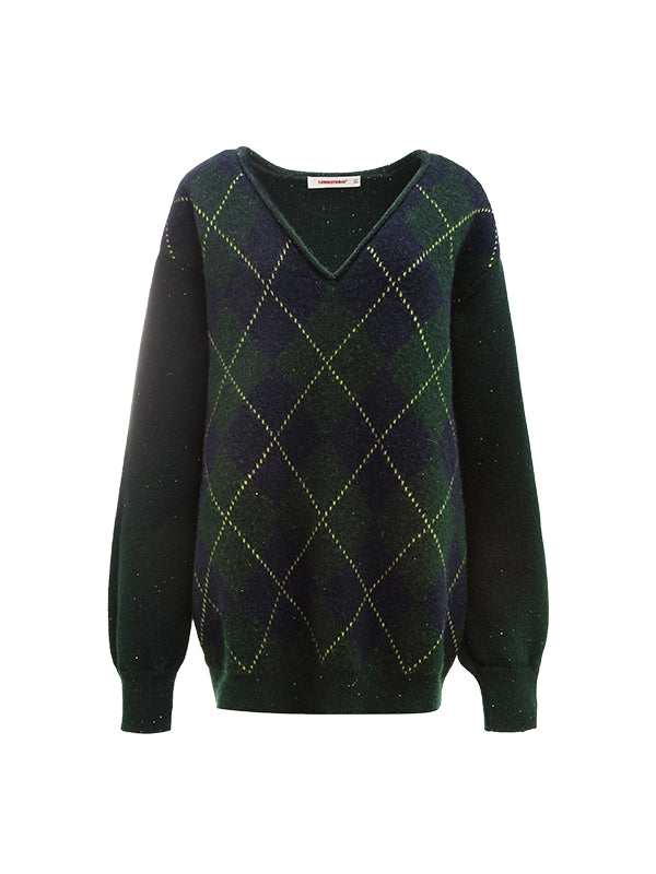 Argyle V-Neck Loose Knit Sweater - CHINASQUAD