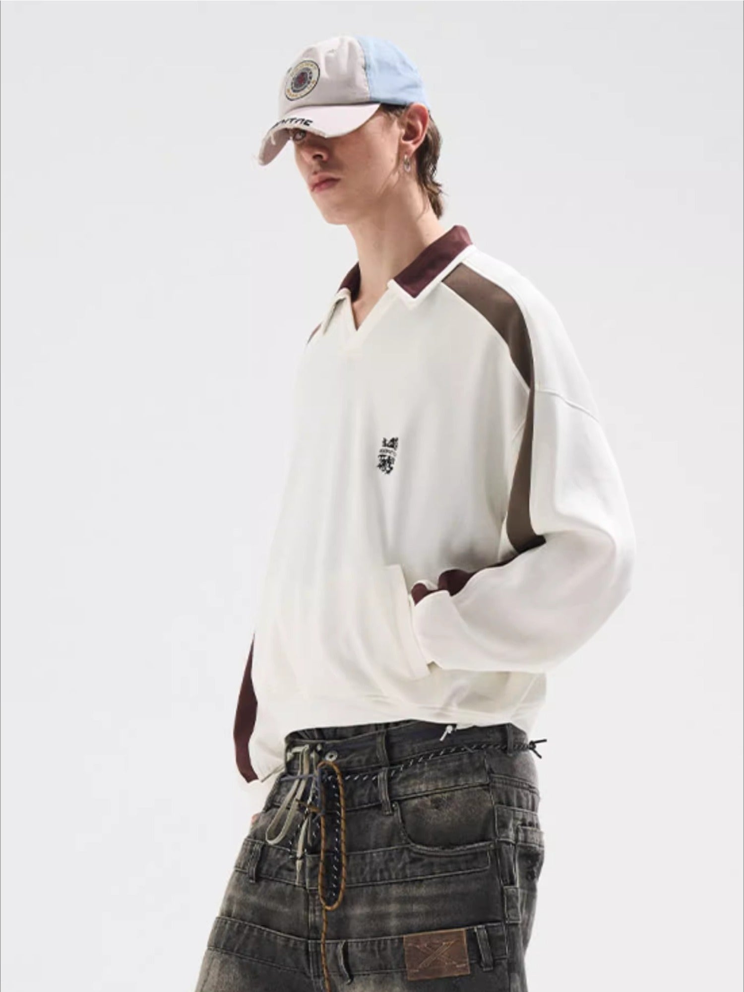 Contrast Panel Embroidered Polo Sweatshirt - CHINASQUAD