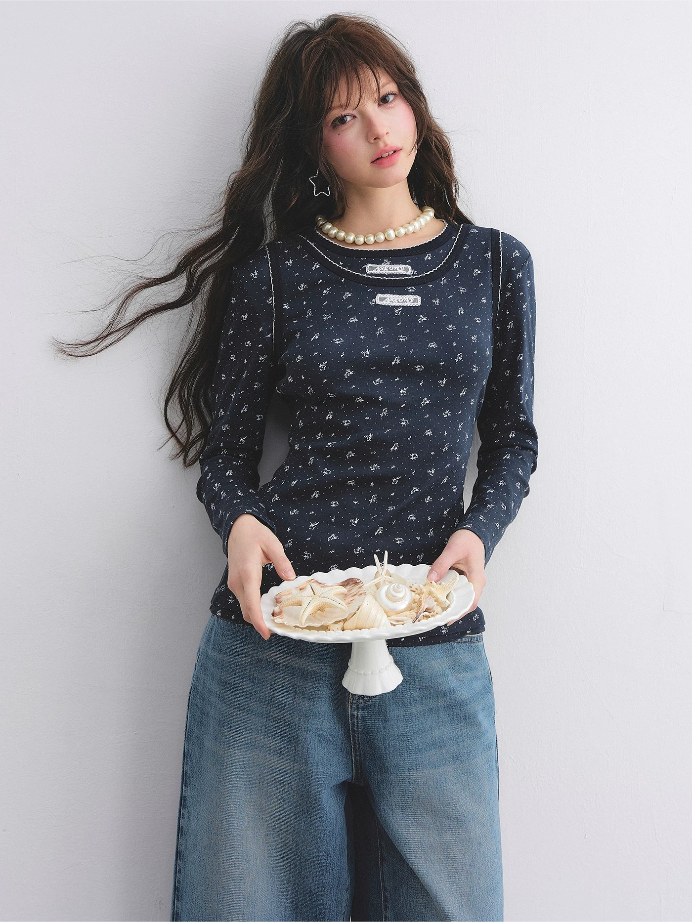 Vintage Floral Trim Long Sleeve Layered Top Set