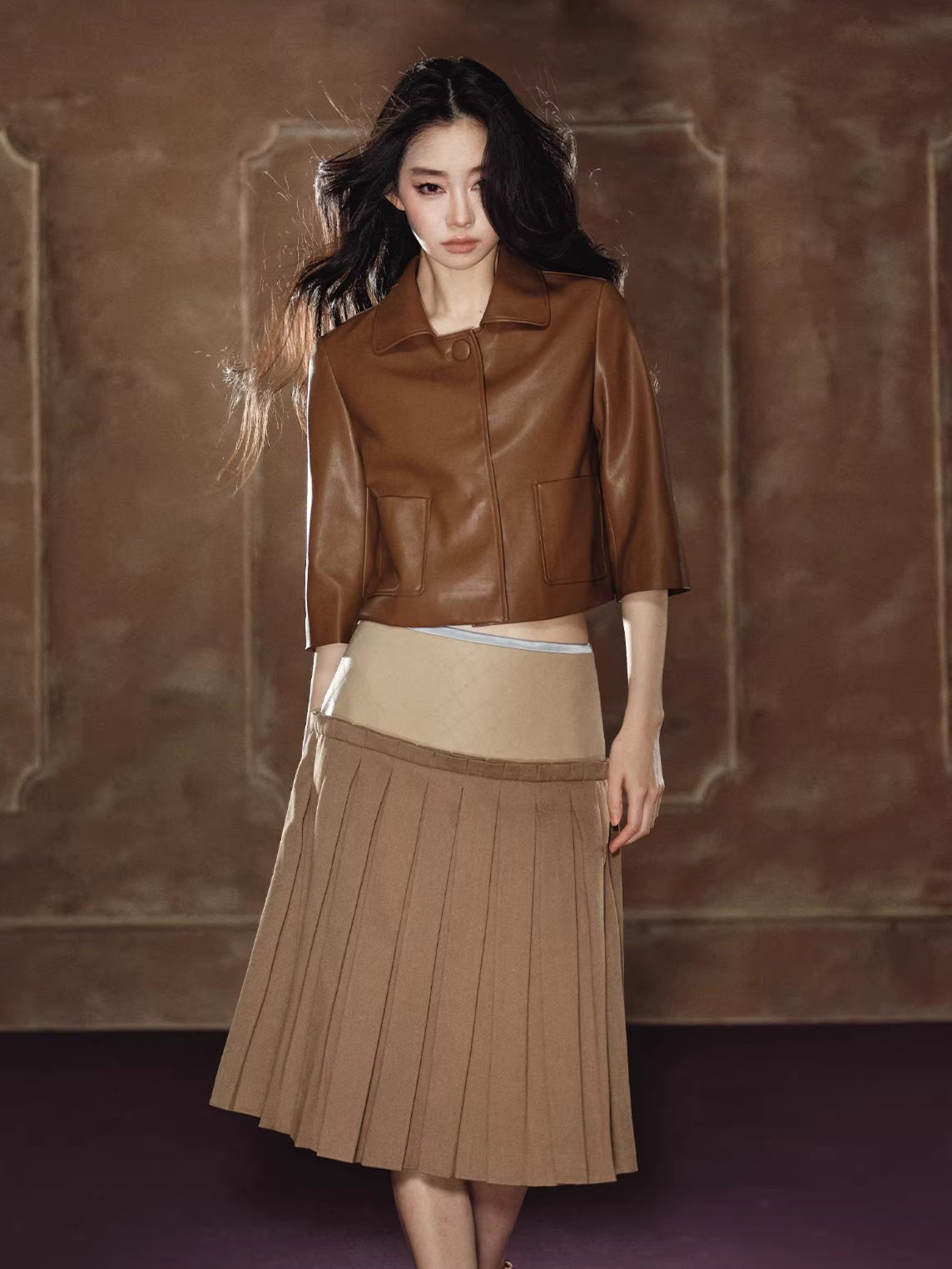 A-Line Skirt & Cropped Sleeve PU Jacket Set