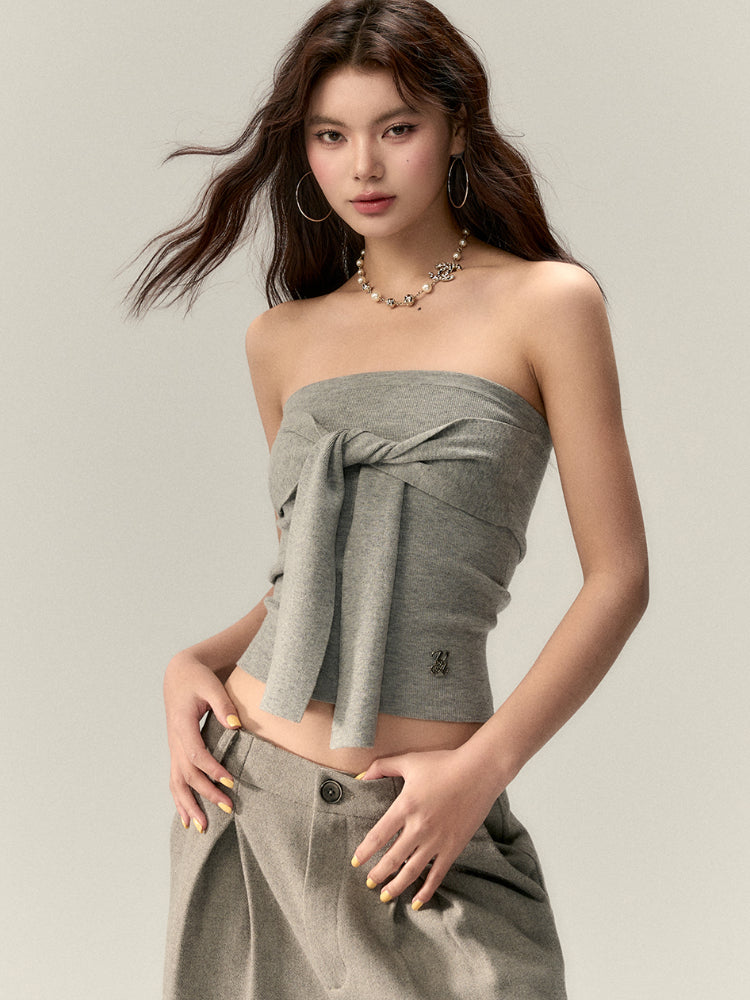 Gray & Navy Blue Tie-Knitted Top - CHINASQUAD