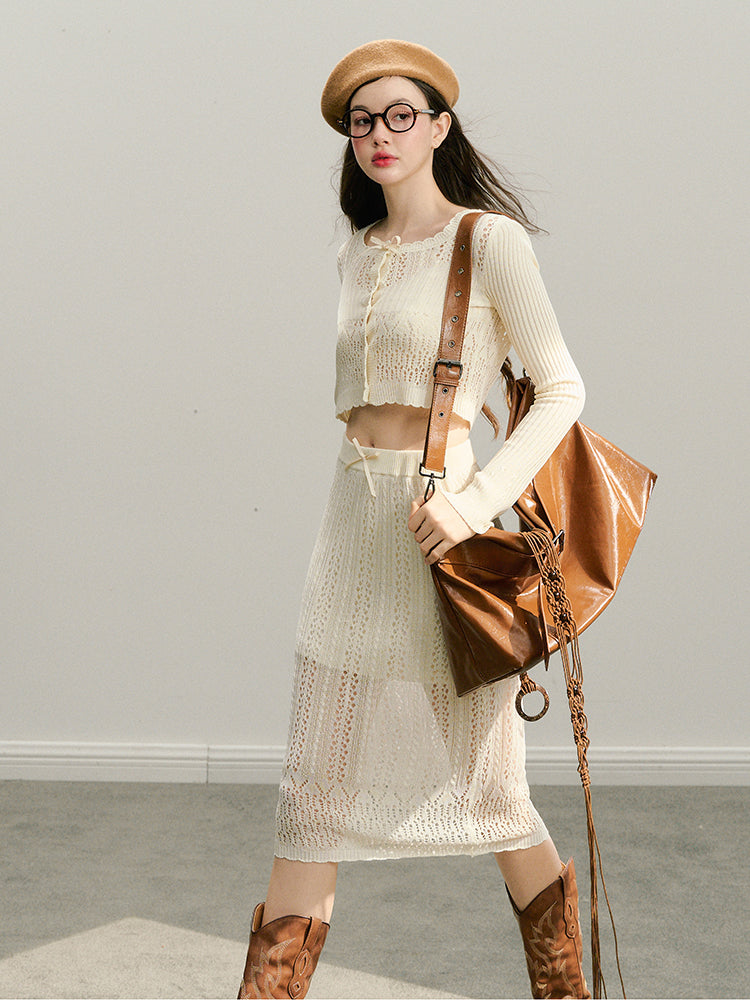 Beige Knitted Lightweight Midi Skirt - CHINASQUAD