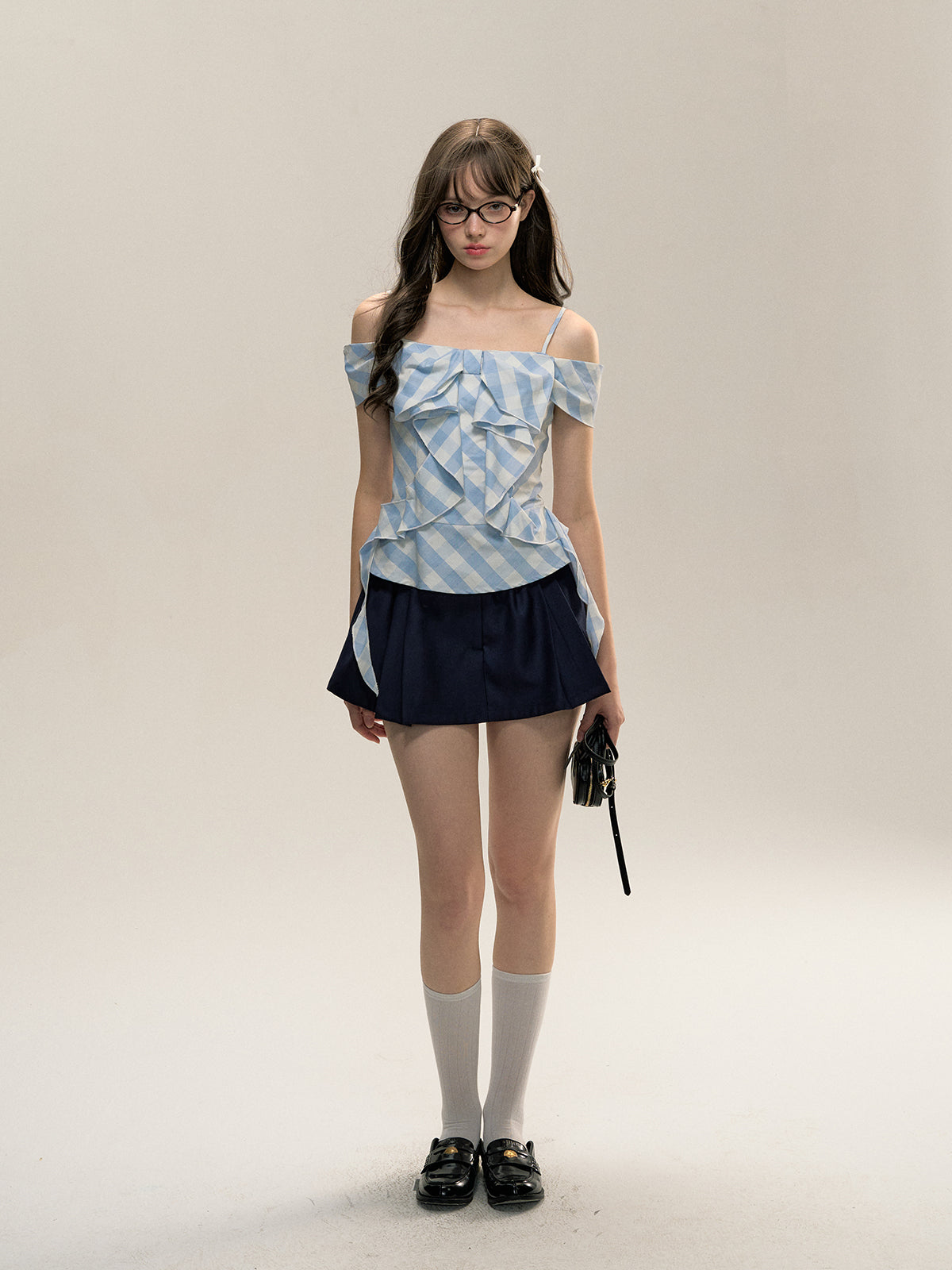 Blue Checkered Detachable Sleeve Off-shoulder Shirt - CHINASQUAD