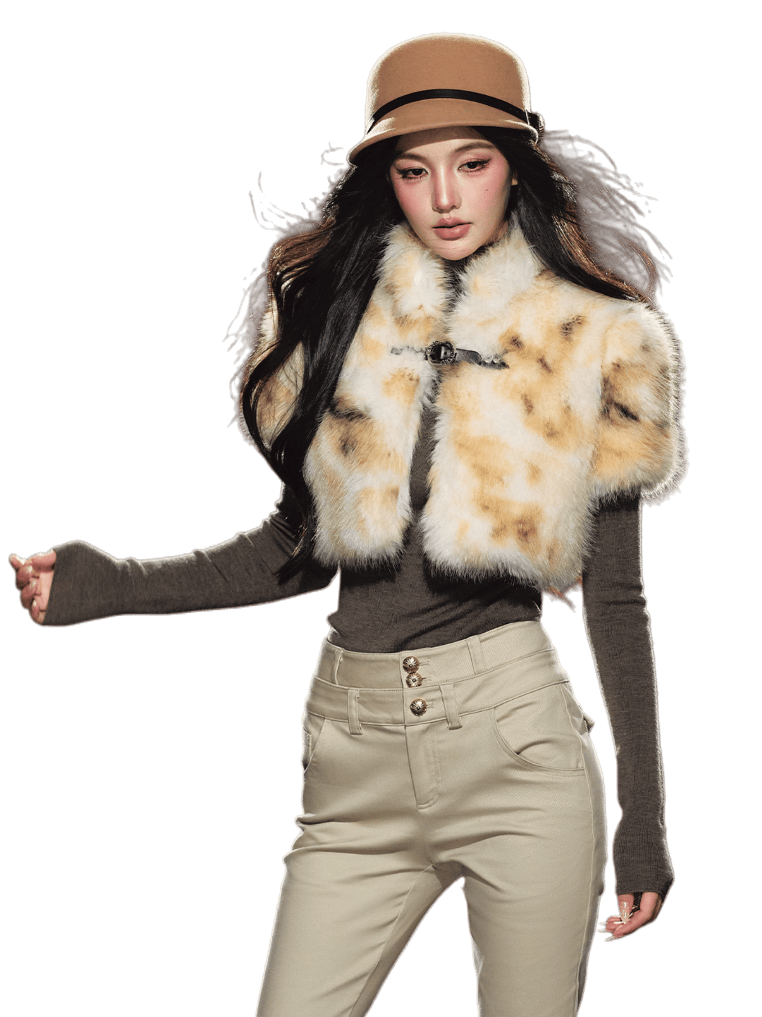 Ombre Short Faux Fur High-Neck Cropped Jacket