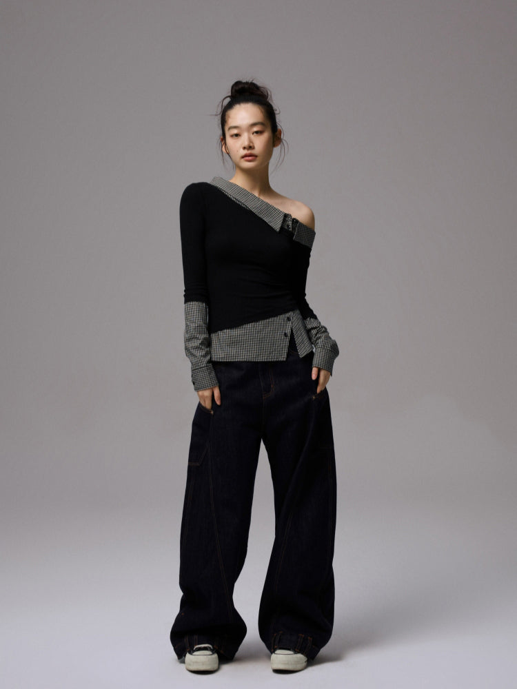 Double Waistband Raw Denim Wide-Leg Jeans - CHINASQUAD