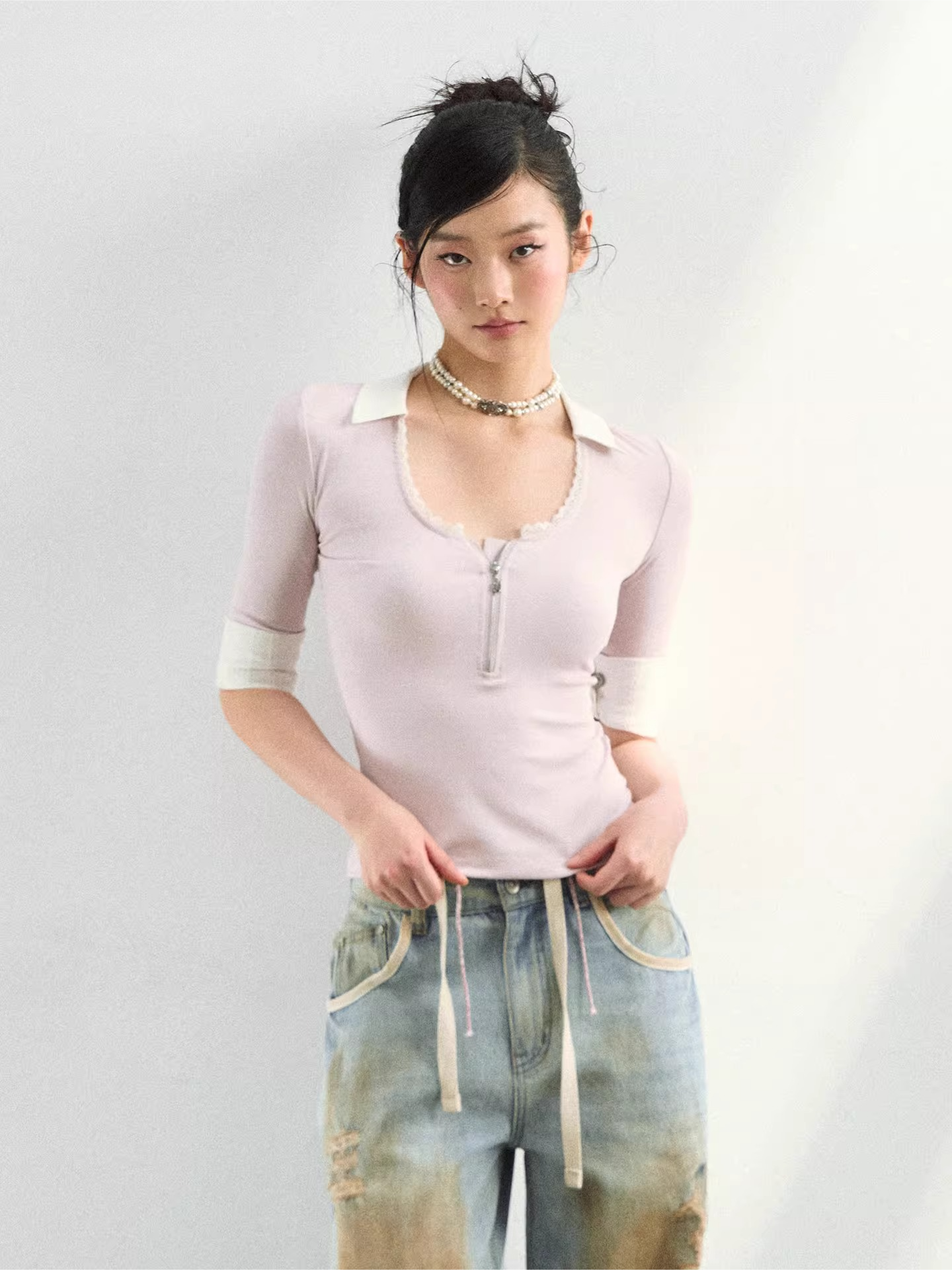 Lace Trim Half-Zip Knit Polo T-Shirts