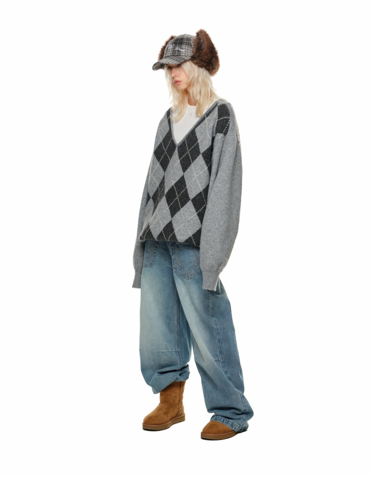 Argyle V-Neck Loose Knit Sweater - CHINASQUAD