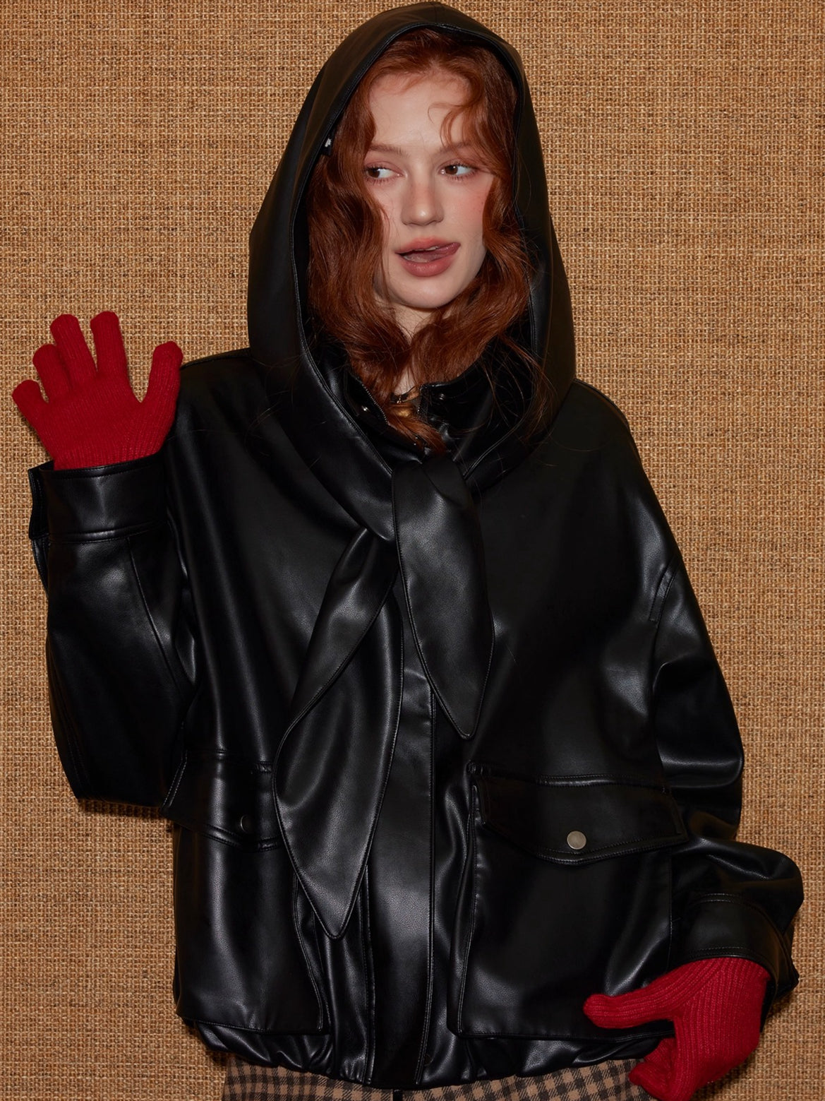 Detachable Bunny-Ear Hood Cropped PU Leather Jacket