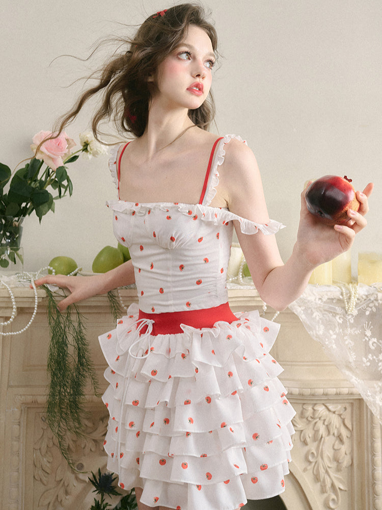 White Tomato Print Layered Skirt - CHINASQUAD