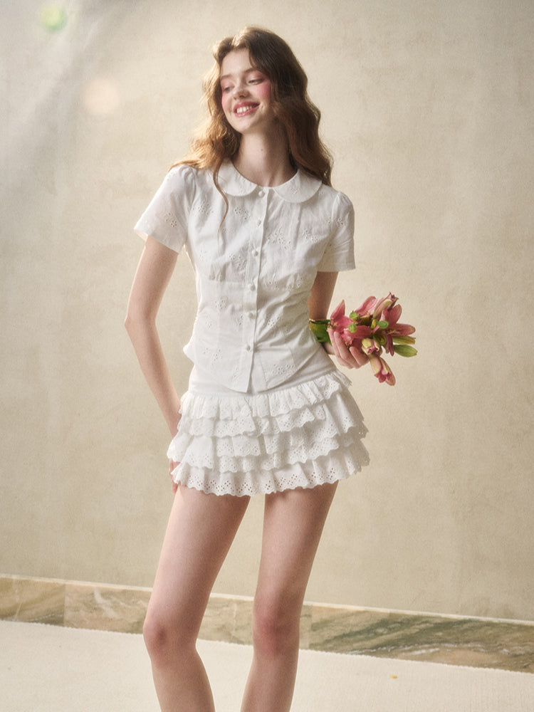 Embroidered Lace Waist Shirt & Skirt Set - CHINASQUAD