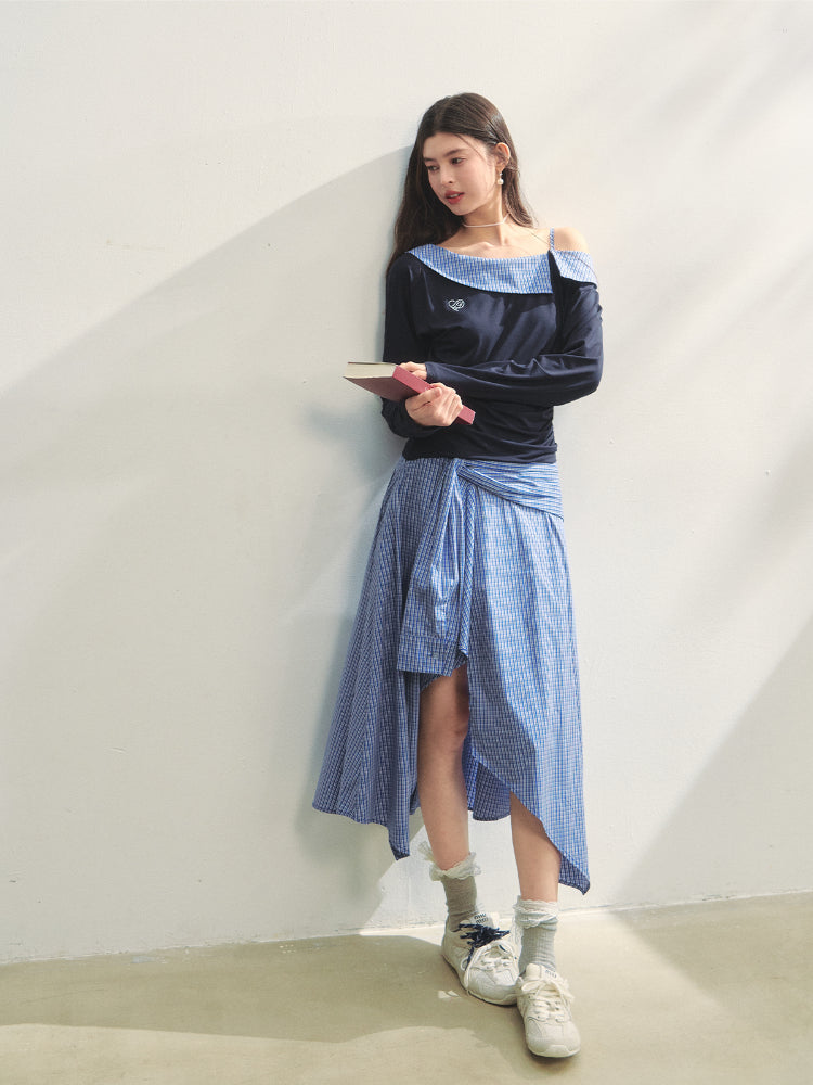 Plaid Spliced One-Shoulder Contrast Long-Sleeve Top & Skirt Set - CHINASQUAD