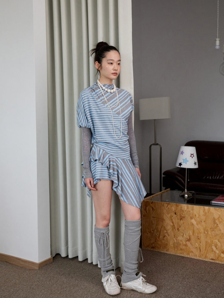 Blue-Gray Striped Irregular Patchwork Dress - CHINASQUAD