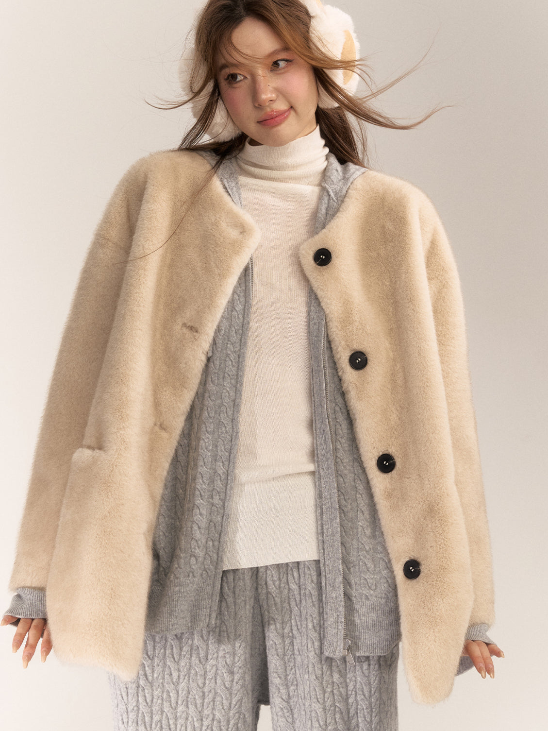 Gray & Apricot Faux Fur Coat - CHINASQUAD
