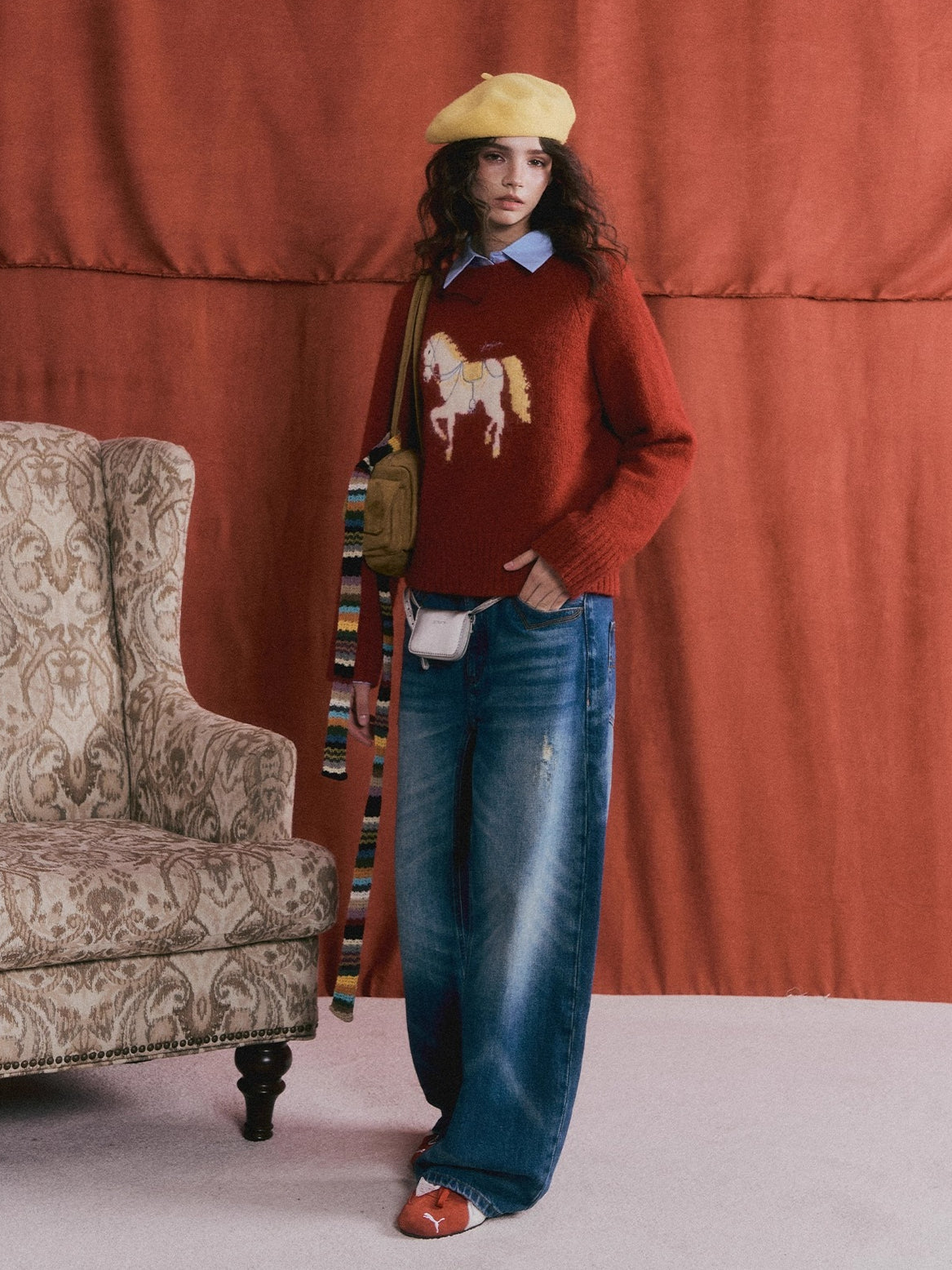 Wool Blend Horse Jacquard Embroidered Sweater