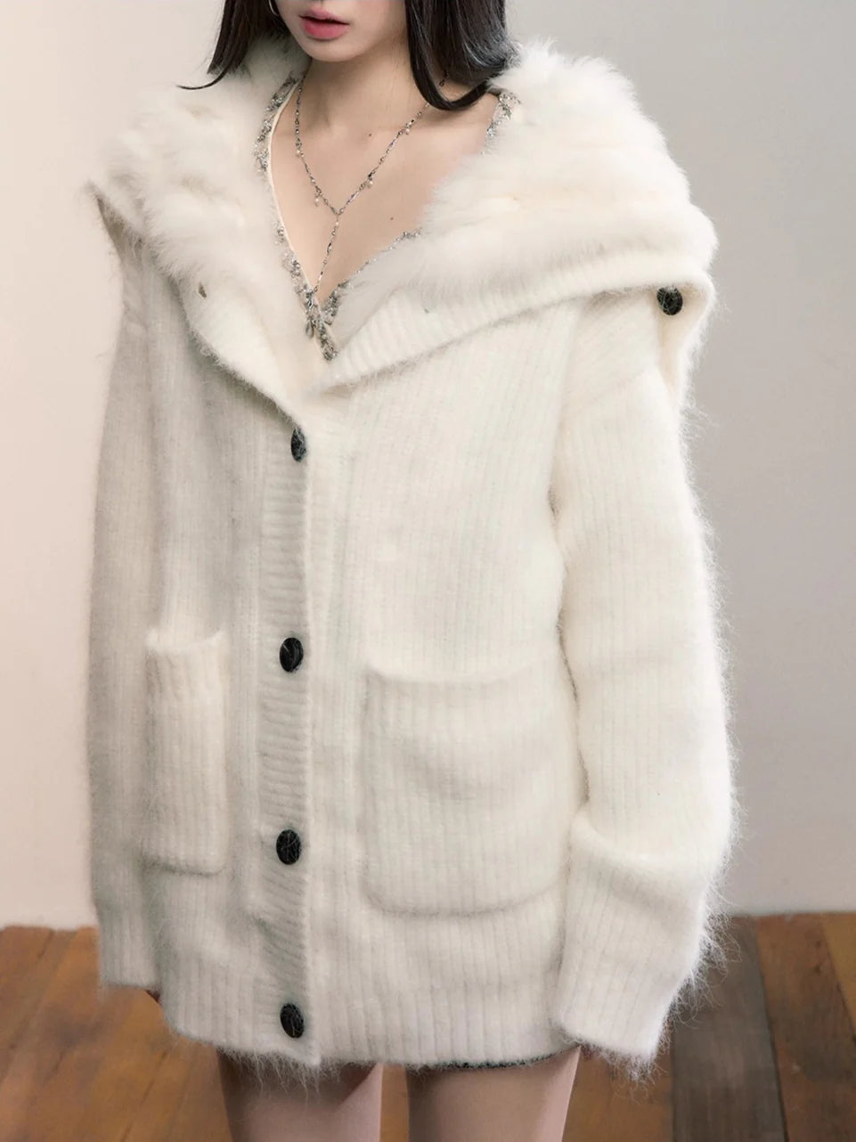 Fox Fur Collar Plush Knit Cardigan