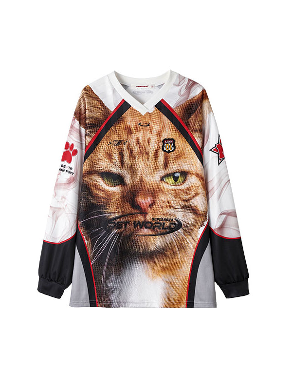Large Face Cat Print Basketball Long T-shirt - CHINASQUAD