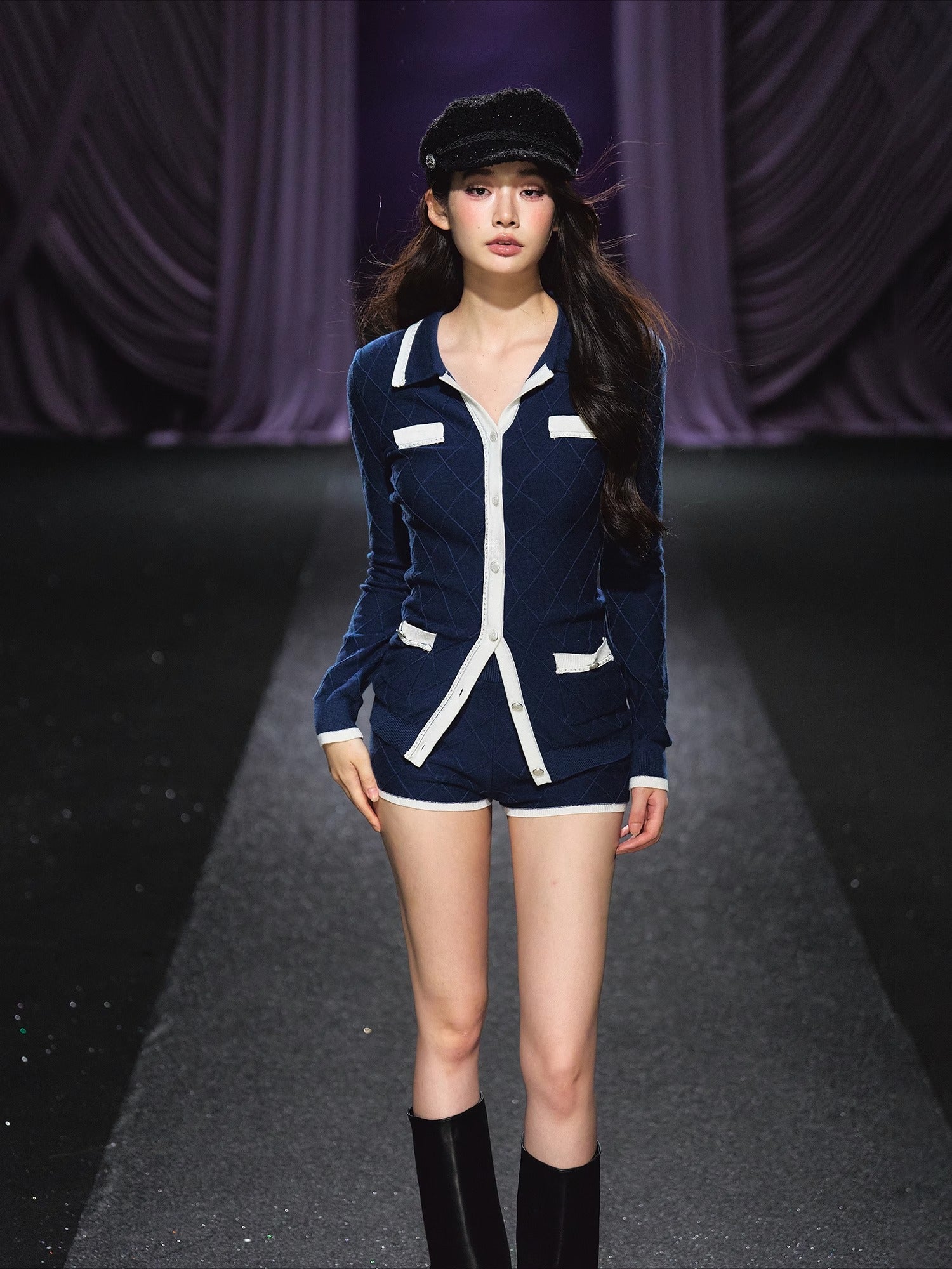 Tweed-Style Diamond Knit Cardigan & Shorts Set - CHINASQUAD