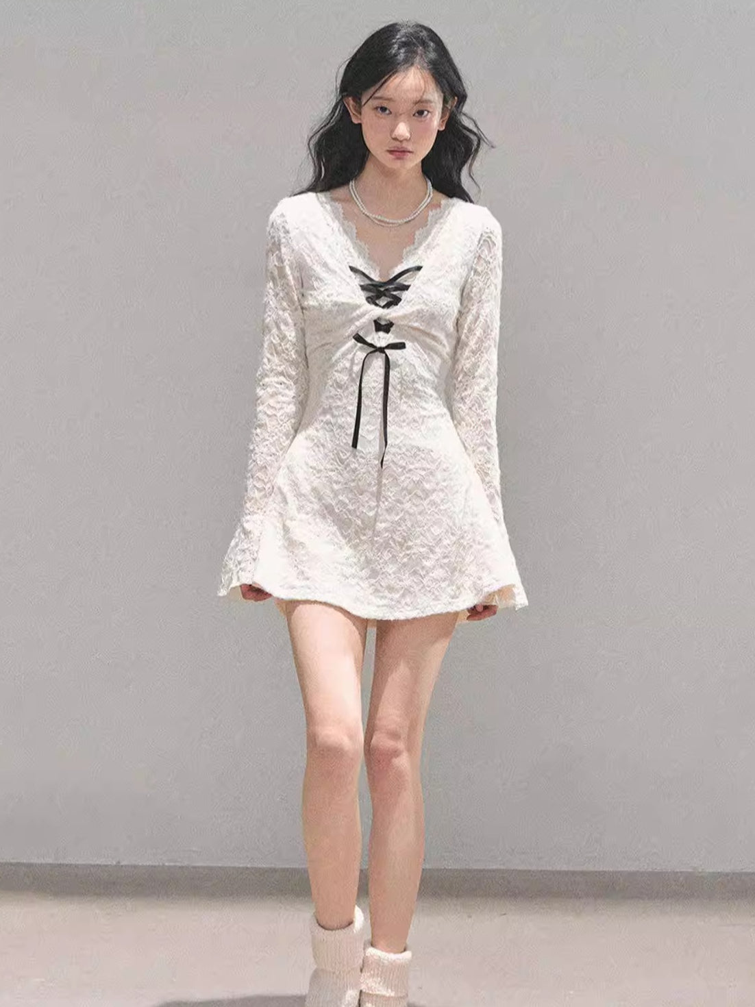 Lace Puff-Skirt V-Neck Mini Dress