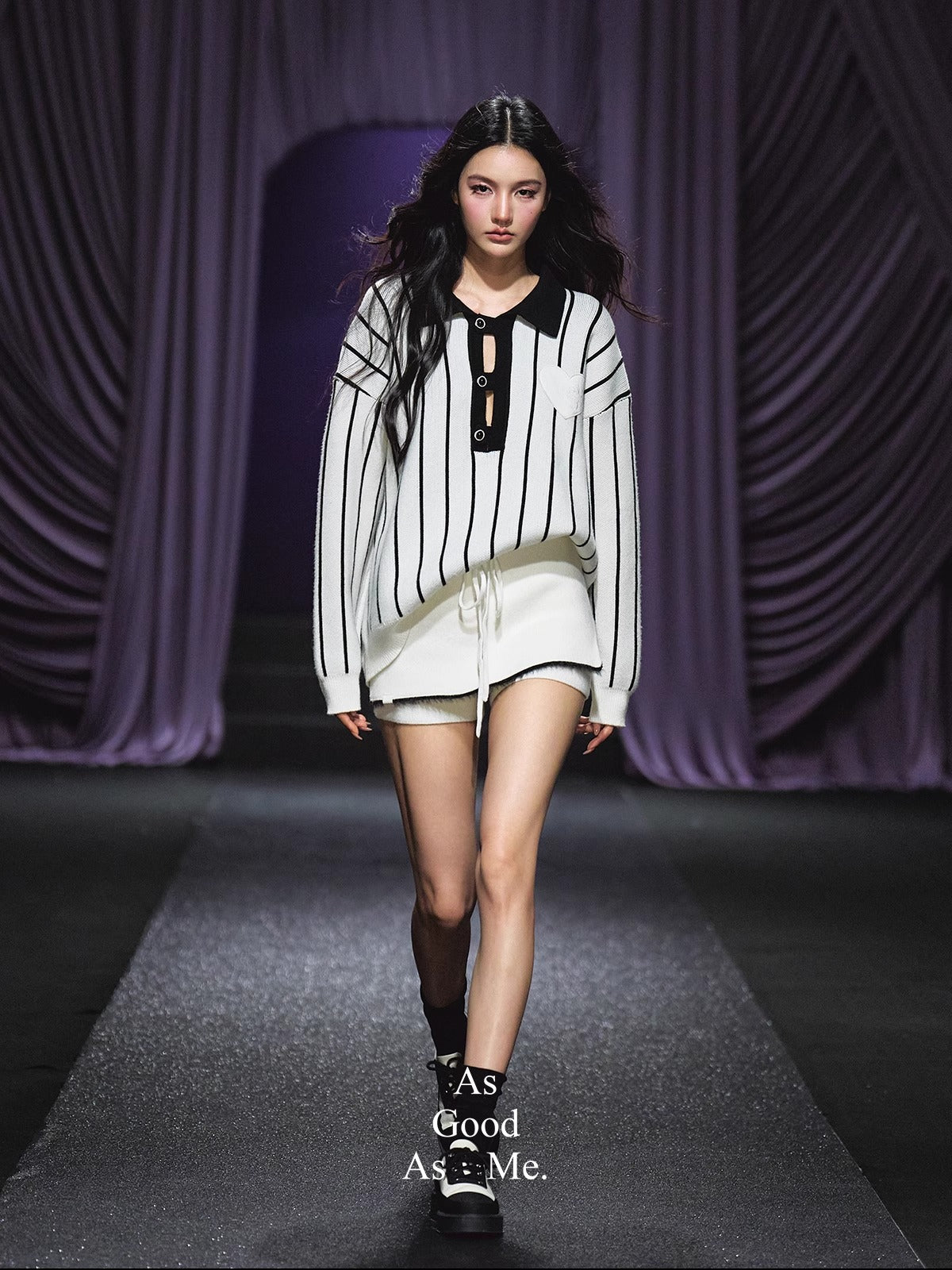 Striped Knit Polo T-Shirt & Contrast Trim Skort Set - CHINASQUAD