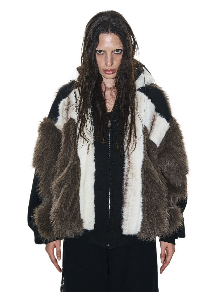 Brown Colorblock Hooded Winter Fleece Coat - CHINASQUAD