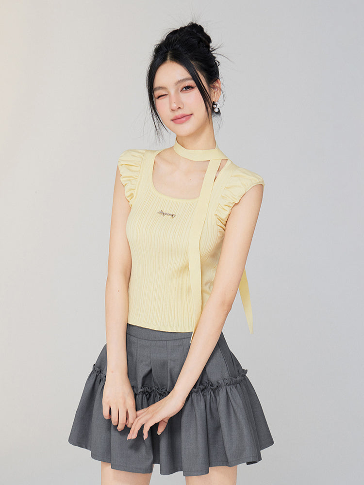 Bubble Sleeve Small Square Neck Knitted Top