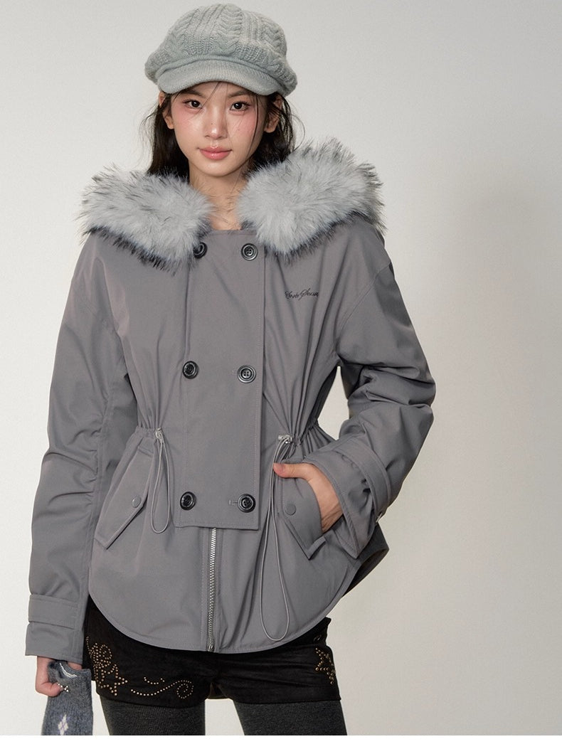 Faux Fur Collar Double-Breasted Down Parka Jacket - CHINASQUAD