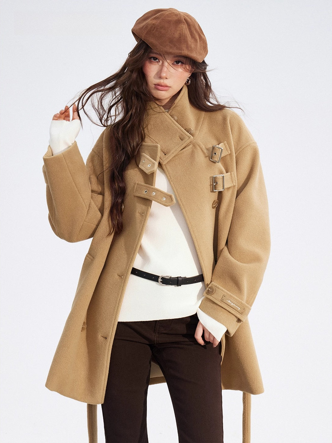 Double-Breasted Wool Blend Stand-Collar Coat