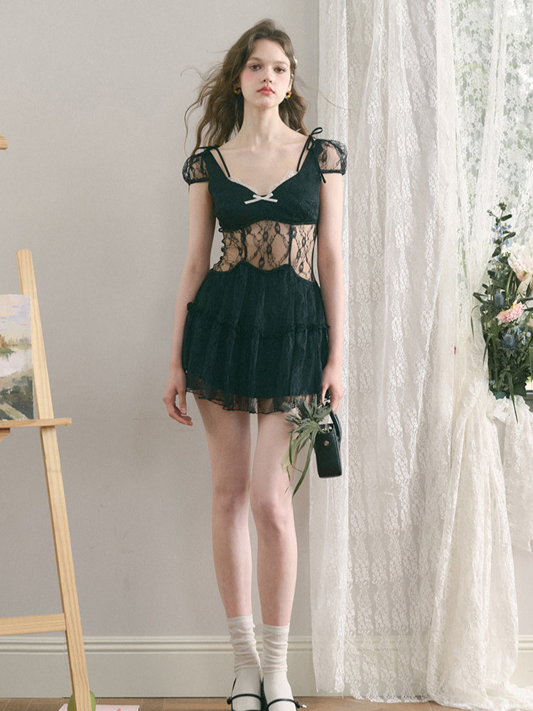 Black Lace Open-Back Dress - CHINASQUAD