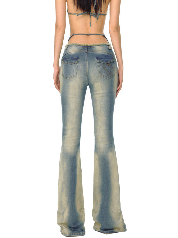 Heavy Washed High-Stretch Flared Jeans - CHINASQUAD