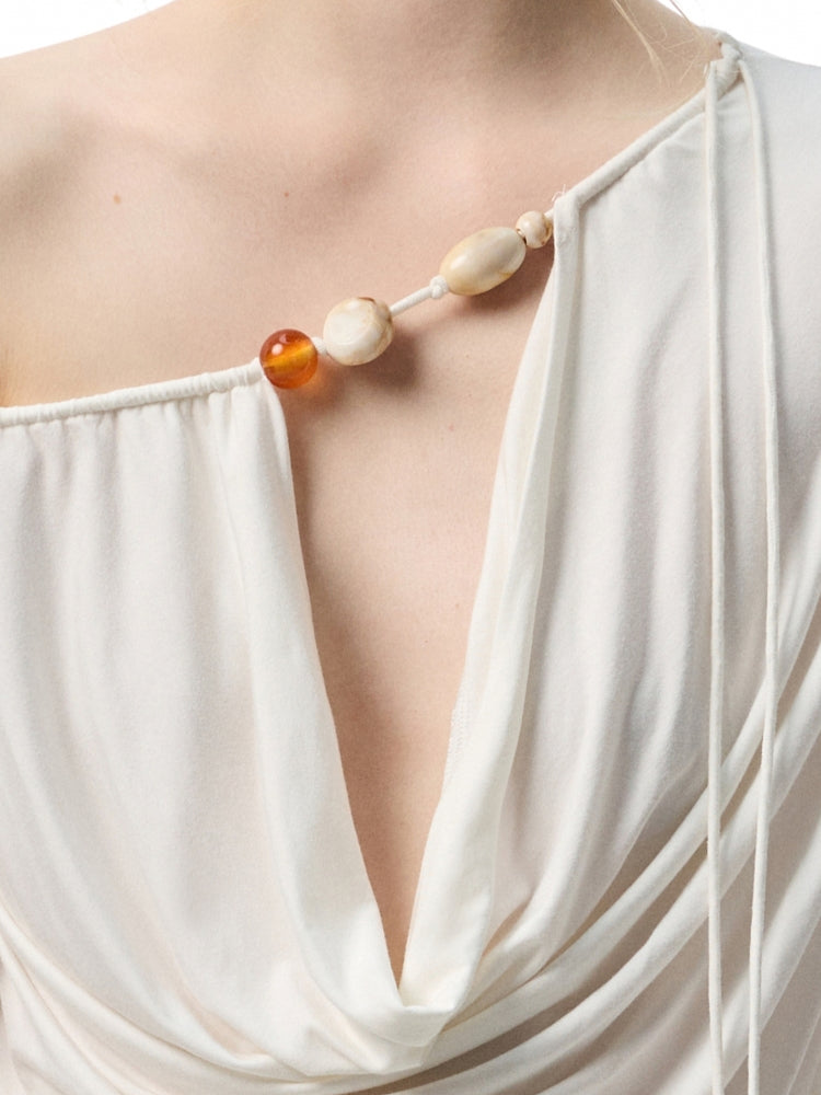 Beaded Cowl Neck Off-shoulder Long-sleeve Tunic - CHINASQUAD