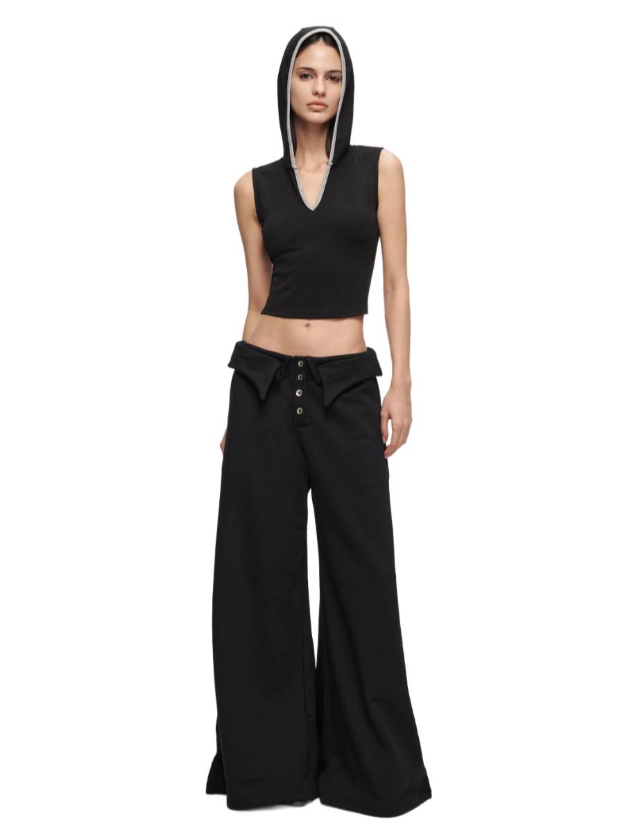 Double-Layer Collar Wide-Leg Pants In Black