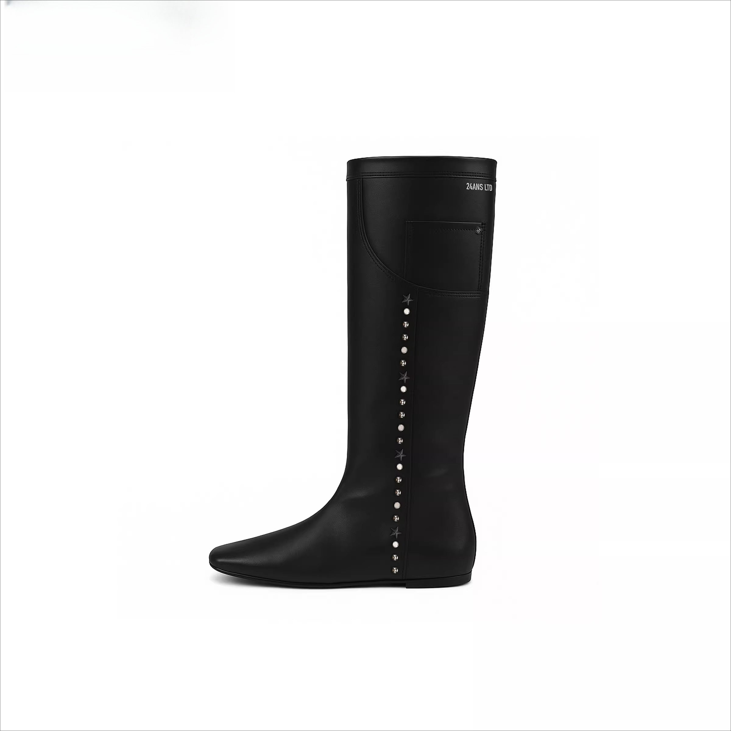 Flat Square-Toe Pocket-Detail Studded Boots
