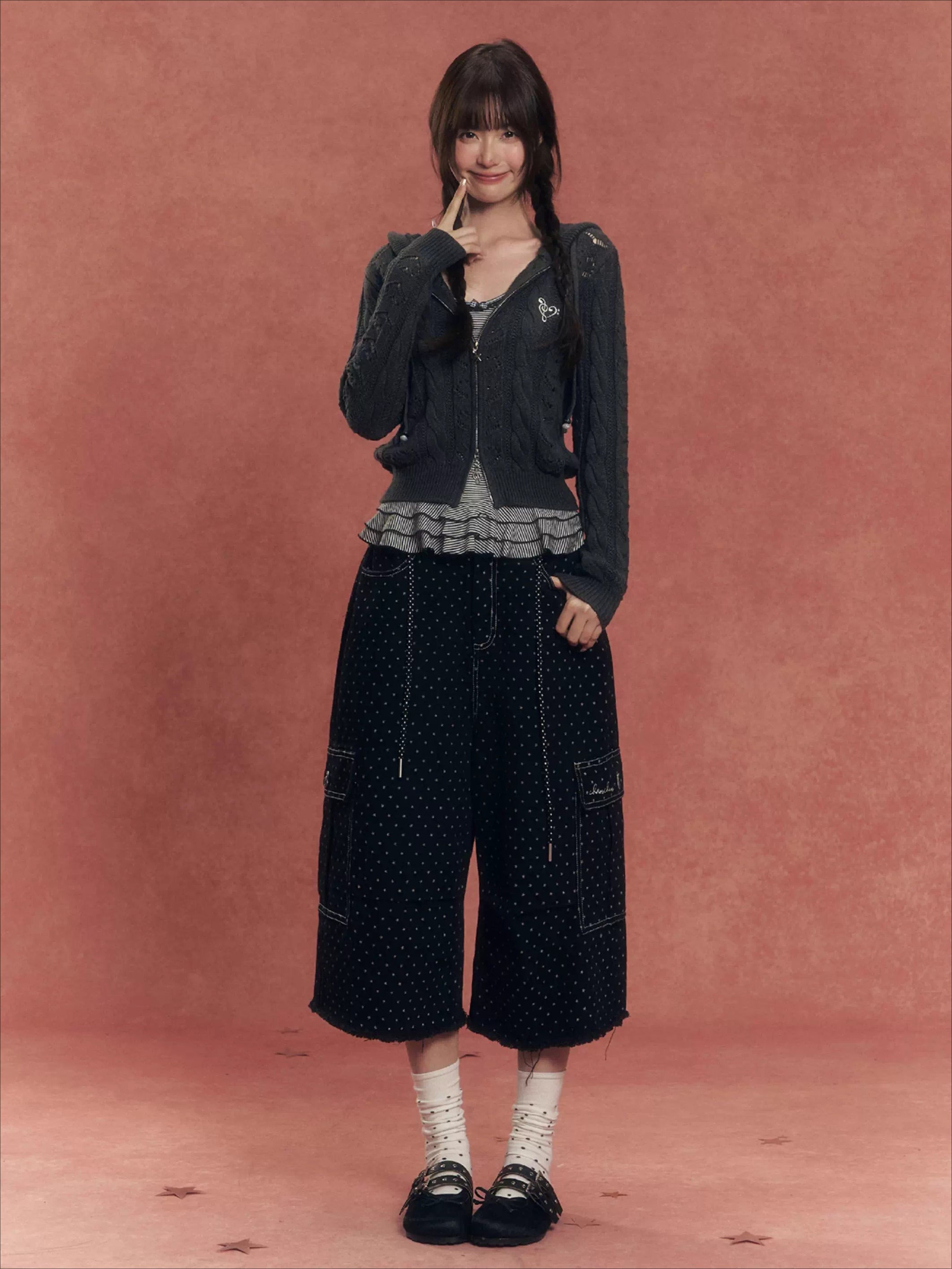 Heart Cutout Cable-Knit Hooded Cardigan