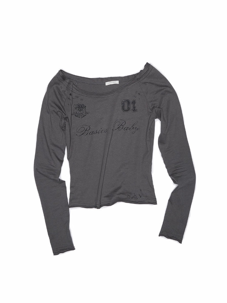 One-Shoulder Badge Printed T-shirt