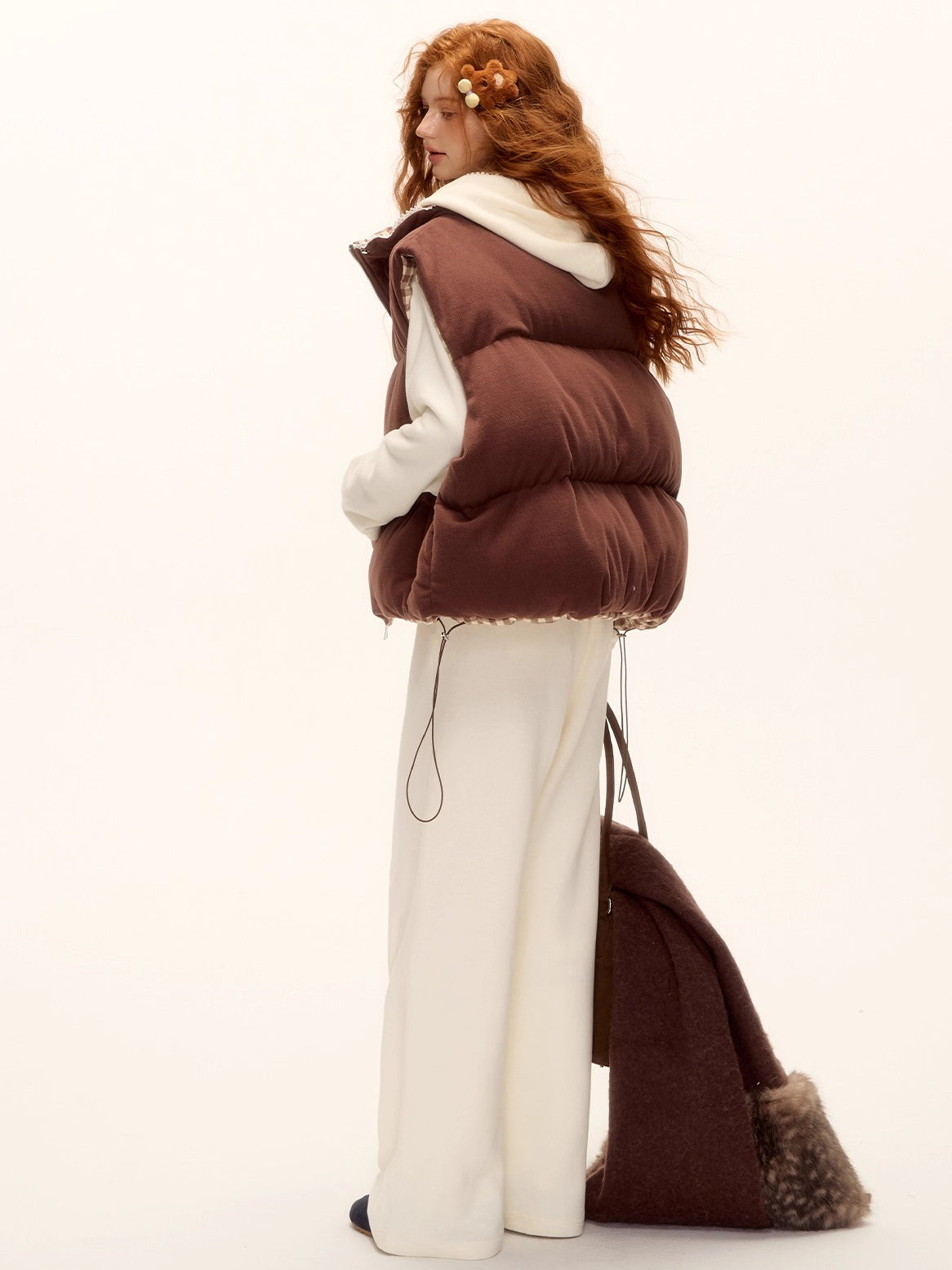 Reversible Plaid Lace-Trim Padded Vest