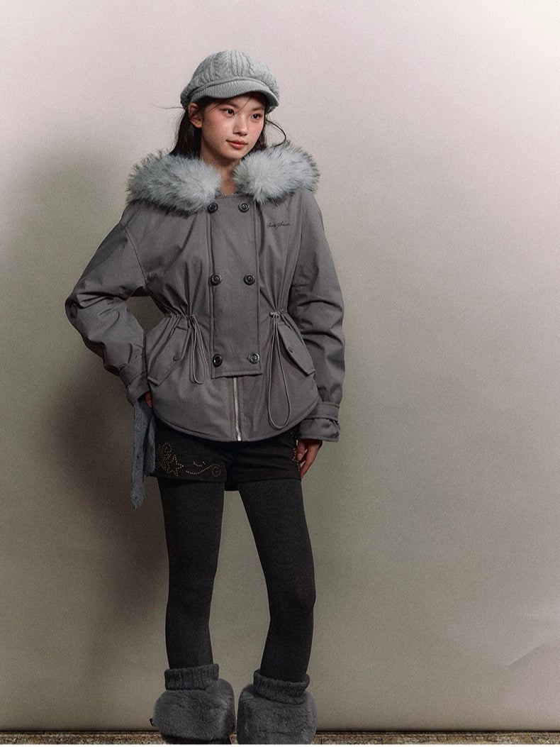 Faux Fur Collar Double-Breasted Down Parka Jacket - CHINASQUAD