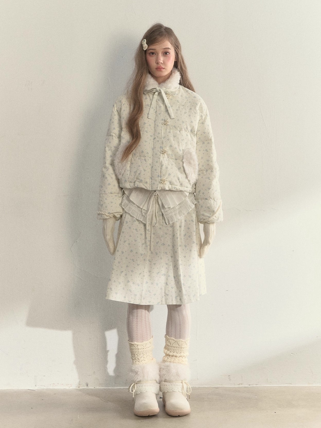 Floral Corduroy Puffer Jacket & Pleated Skirt Set