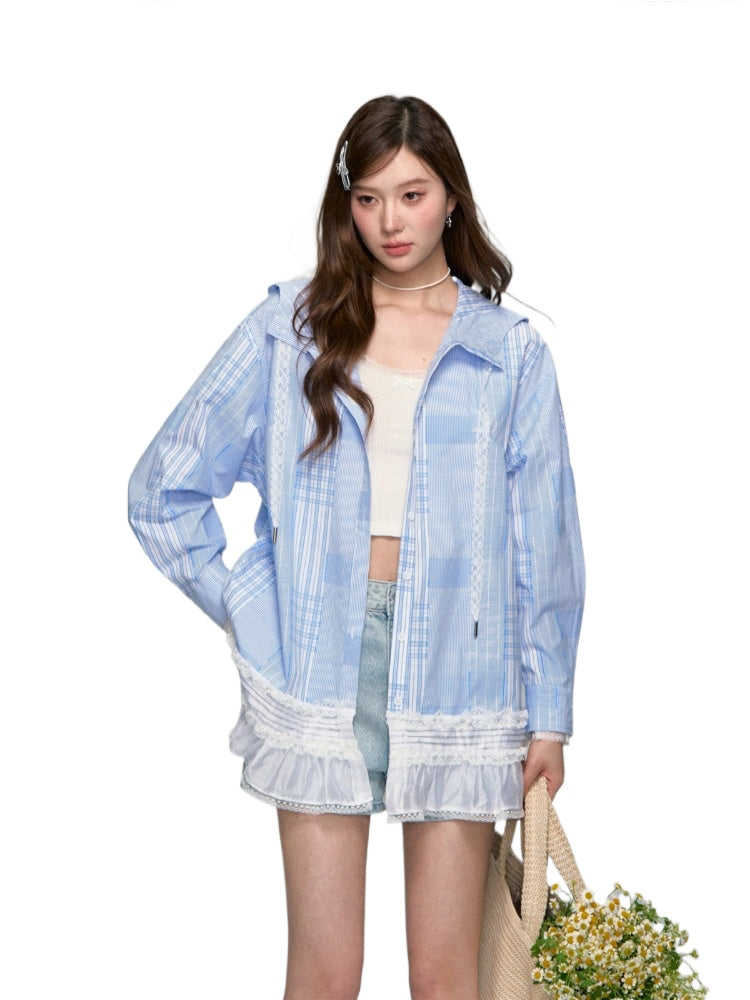 Plaid Lace-Trimmed Hooded Shirt Jacket