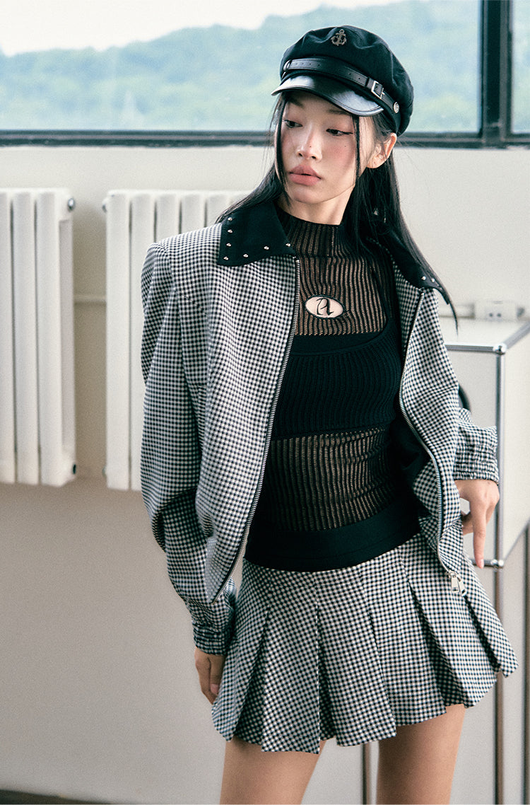 Silhouette Flight Jacket with Plaid Skirt Set - CHINASQUAD