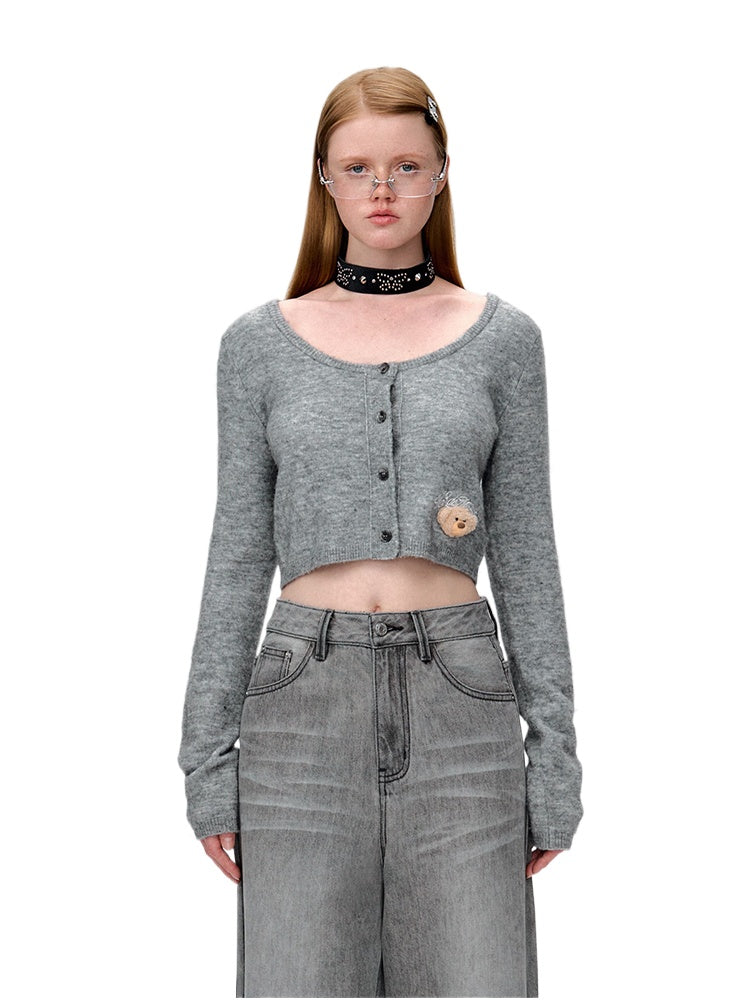 Bear Embroidered Knit Cardigan - CHINASQUAD
